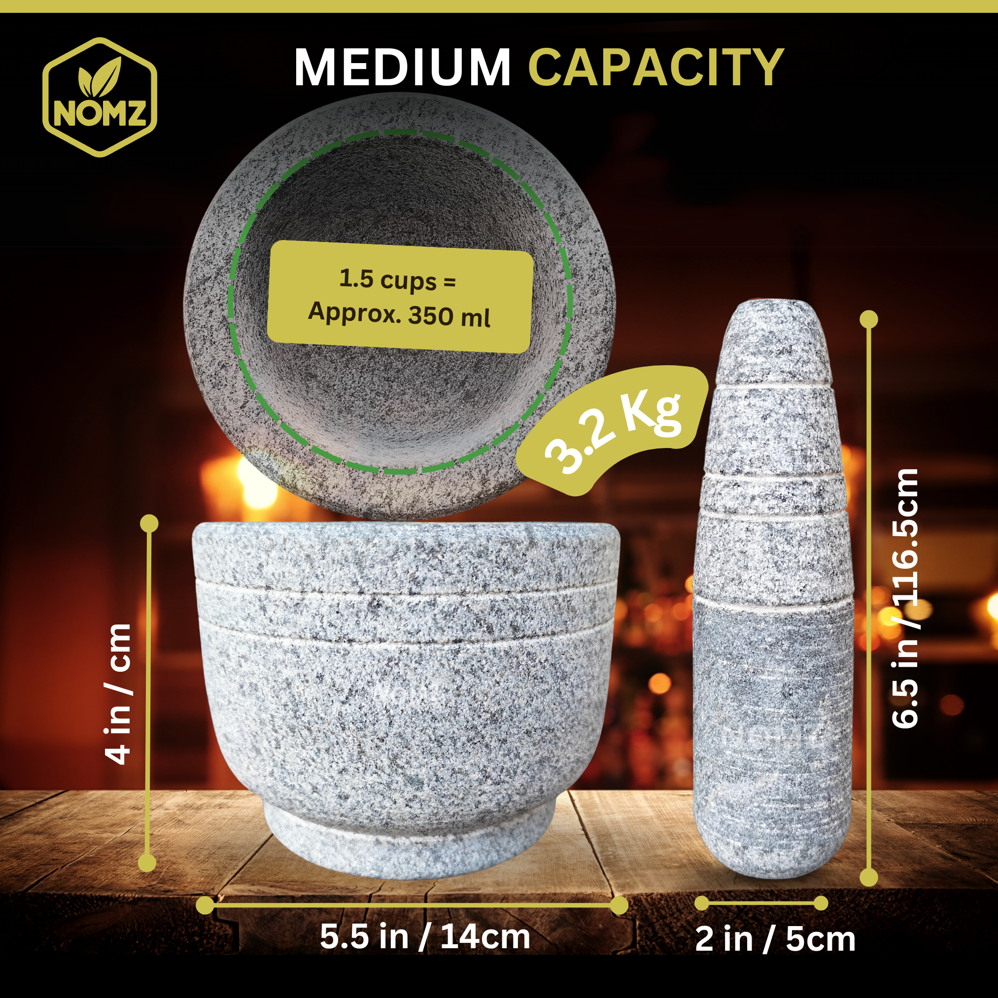 NOMZ Hand-Carved Stone Mortar & Pestle Set (1.5 Cup / 350ml) with Anti-Skid Pad & Silicone Spatula